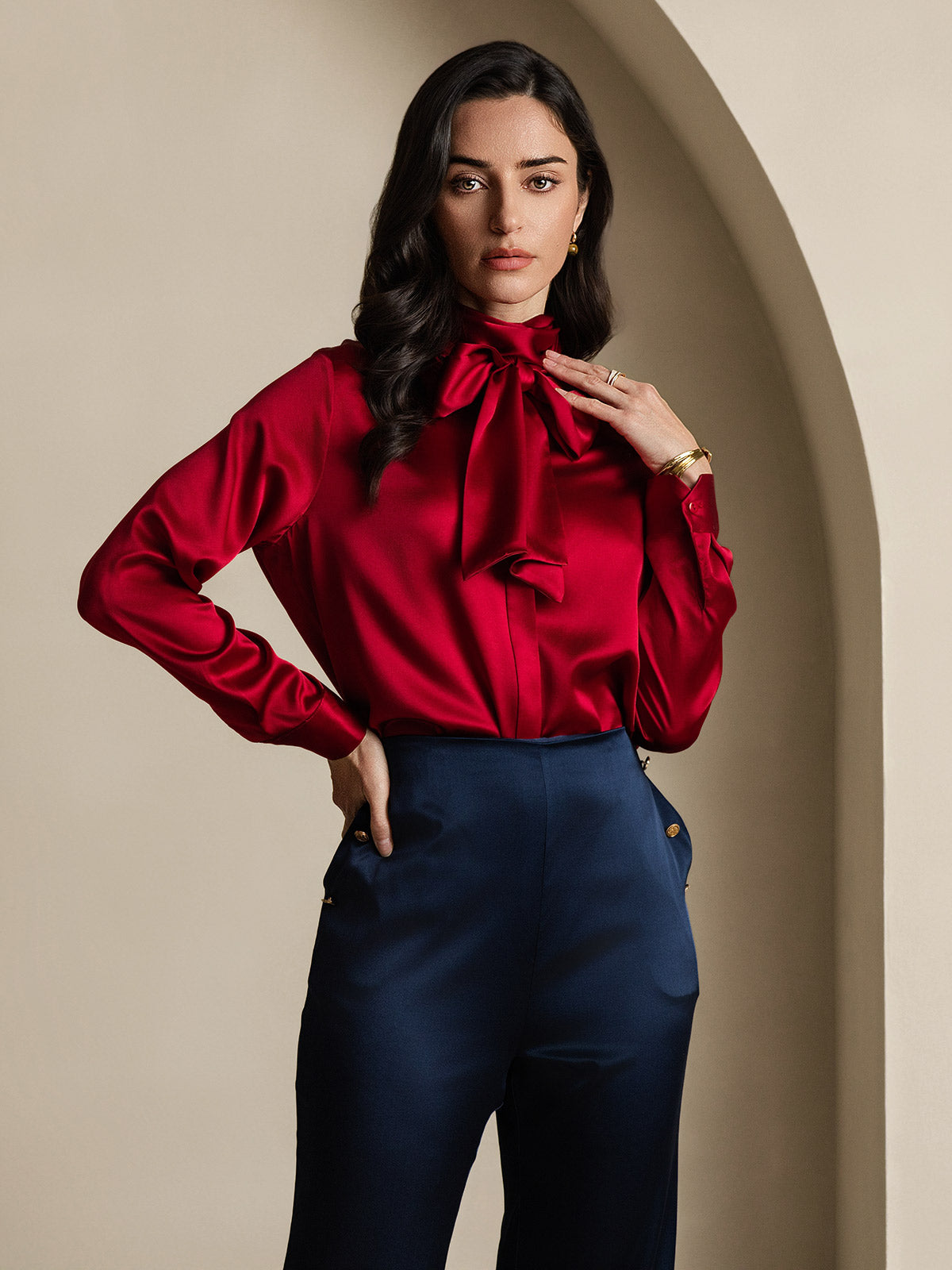 [Wine] SilkSilky 19Momme Silk Long Sleeve Tie Neck Women's Shirt 004