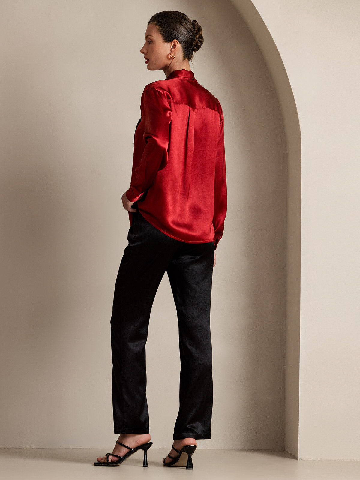 [Wine] SilkSilky 19Momme Silk Long Sleeve Tie Neck Women's Shirt 004