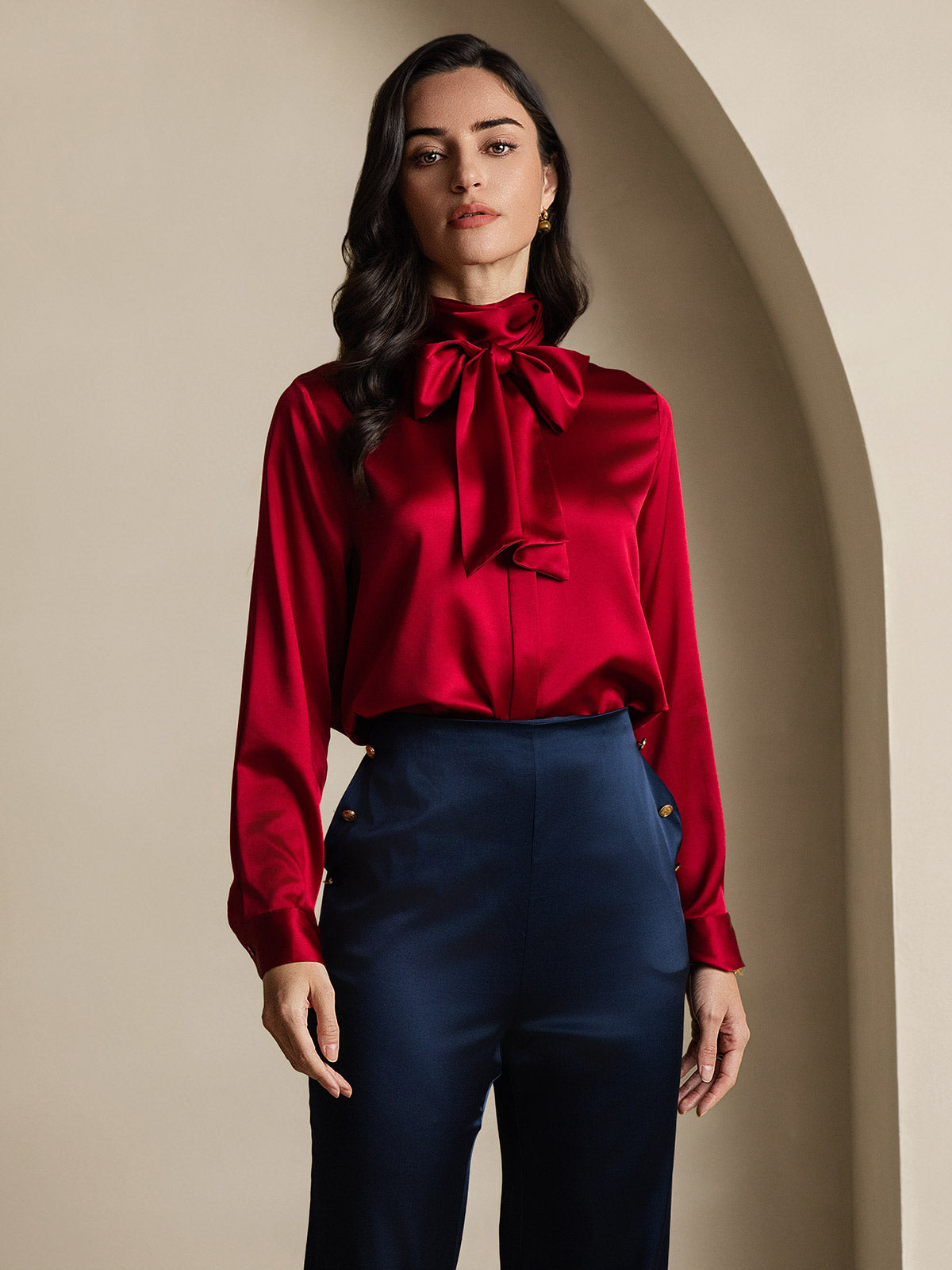 [Wine] SilkSilky 19Momme Silk Long Sleeve Tie Neck Women's Shirt 005