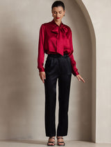 [Wine] SilkSilky  19Momme Stretch Silk Charmeuse Long Sleeve Tie Neck Blouse 005