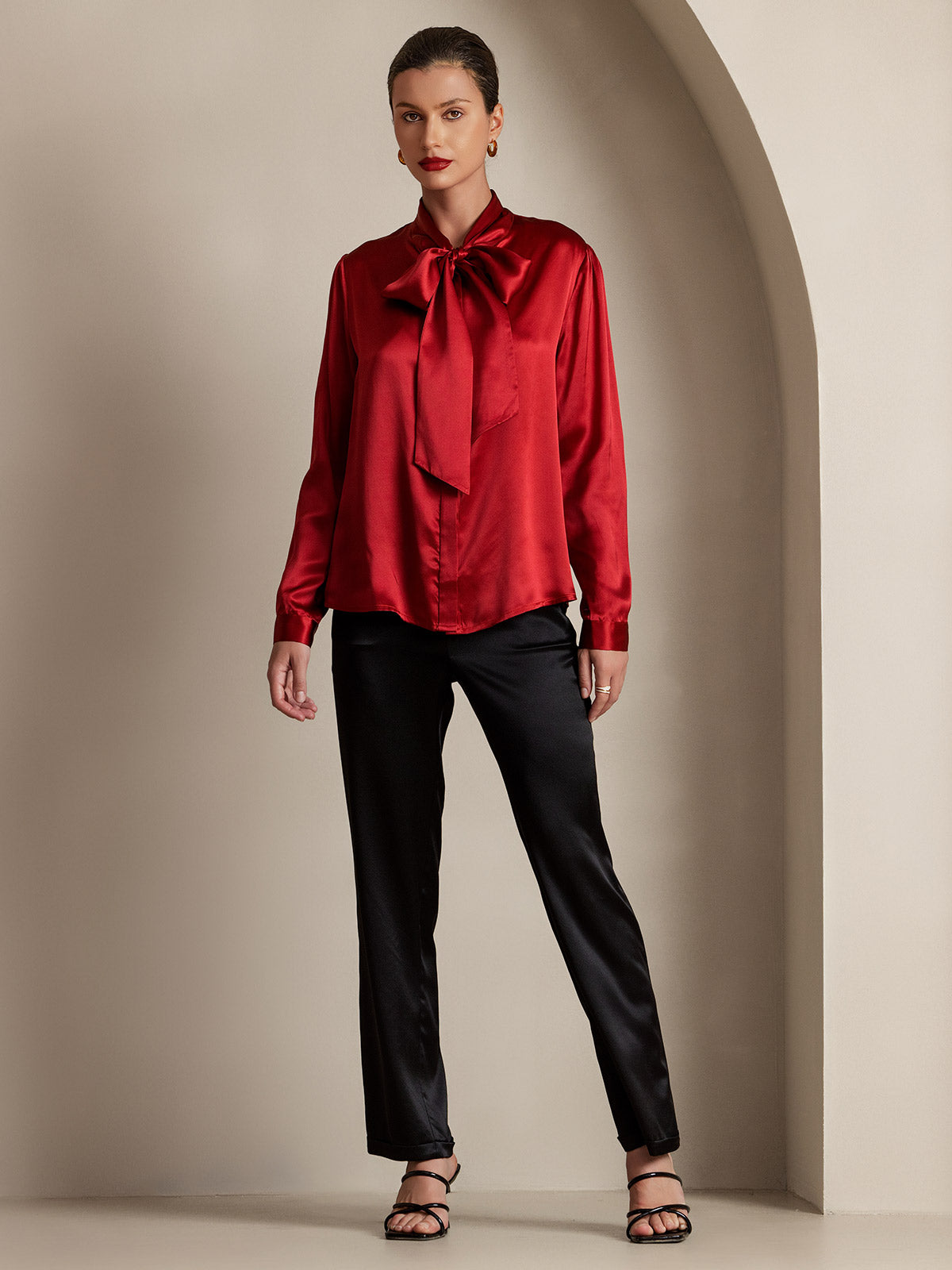 [Wine] SilkSilky 19Momme Silk Long Sleeve Tie Neck Women's Shirt 005
