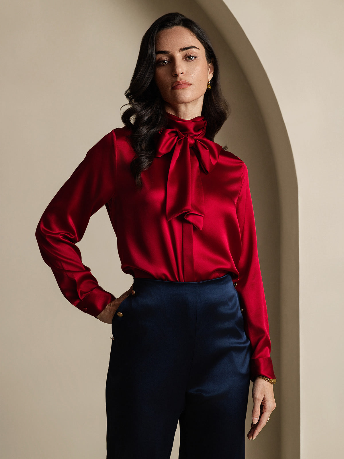 [Wine] SilkSilky 19Momme Silk Long Sleeve Tie Neck Women's Shirt 006