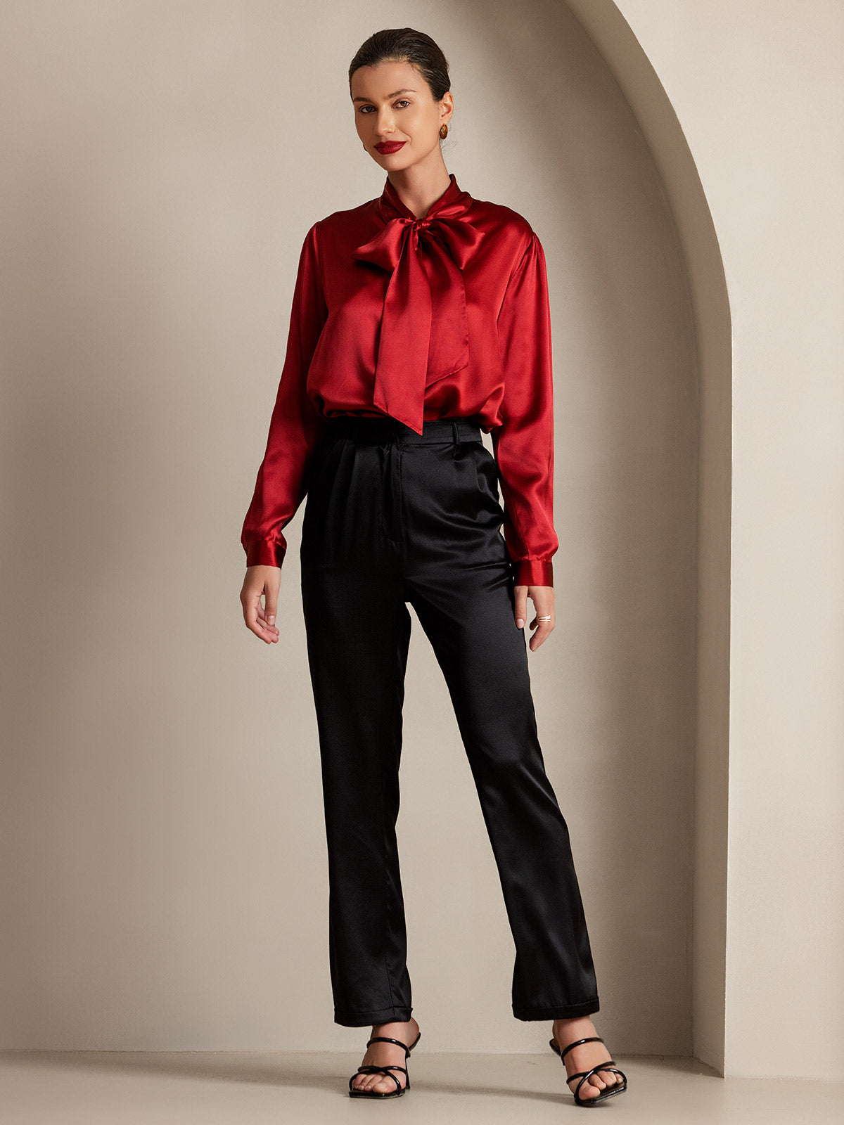 [Wine] SilkSilky 19Momme Silk Long Sleeve Tie Neck Women's Shirt 006
