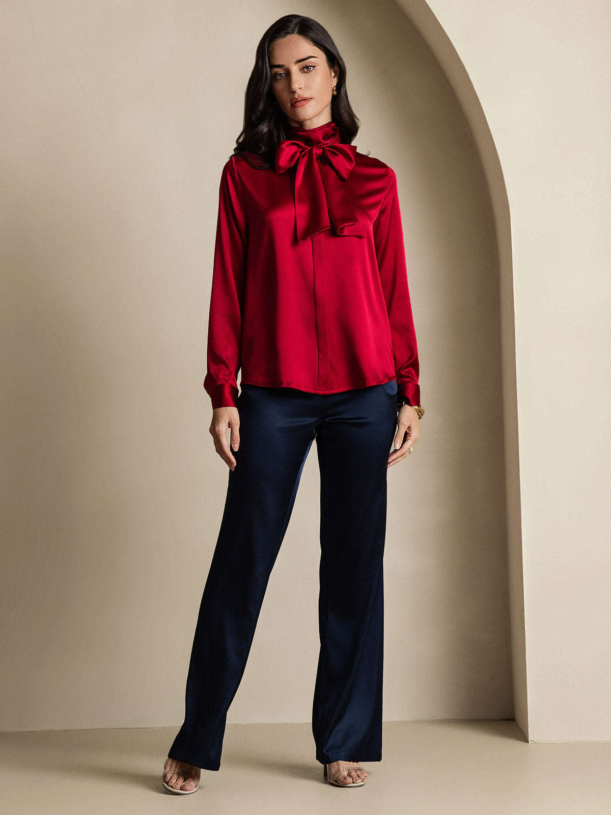[Wine] SilkSilky 19Momme Silk Long Sleeve Tie Neck Women's Shirt 007