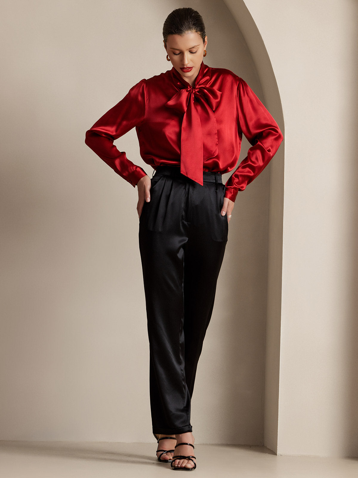 [Wine] SilkSilky 19Momme Silk Long Sleeve Tie Neck Women's Shirt 007