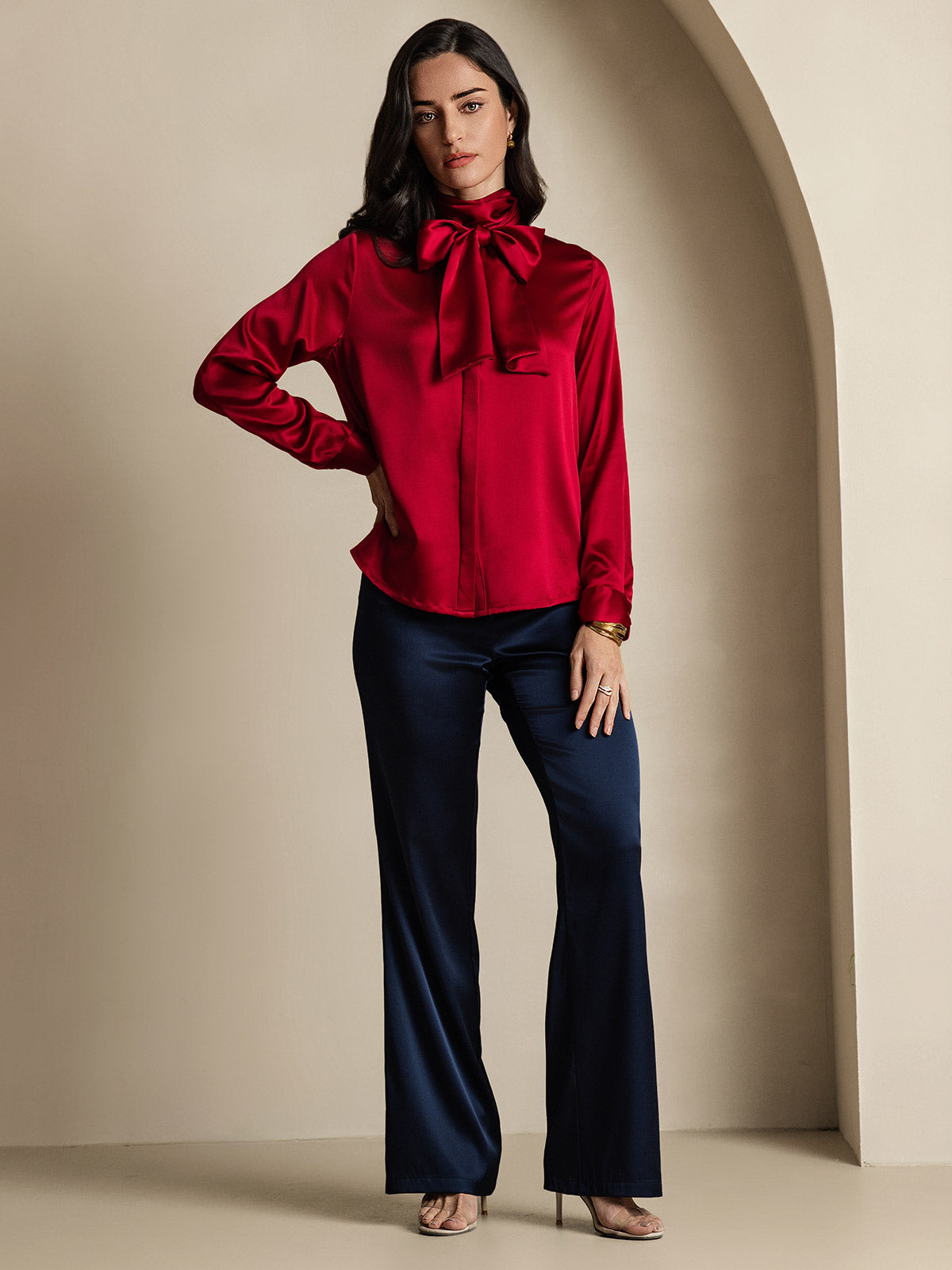 [Wine] SilkSilky 19Momme Silk Long Sleeve Tie Neck Women's Shirt 008