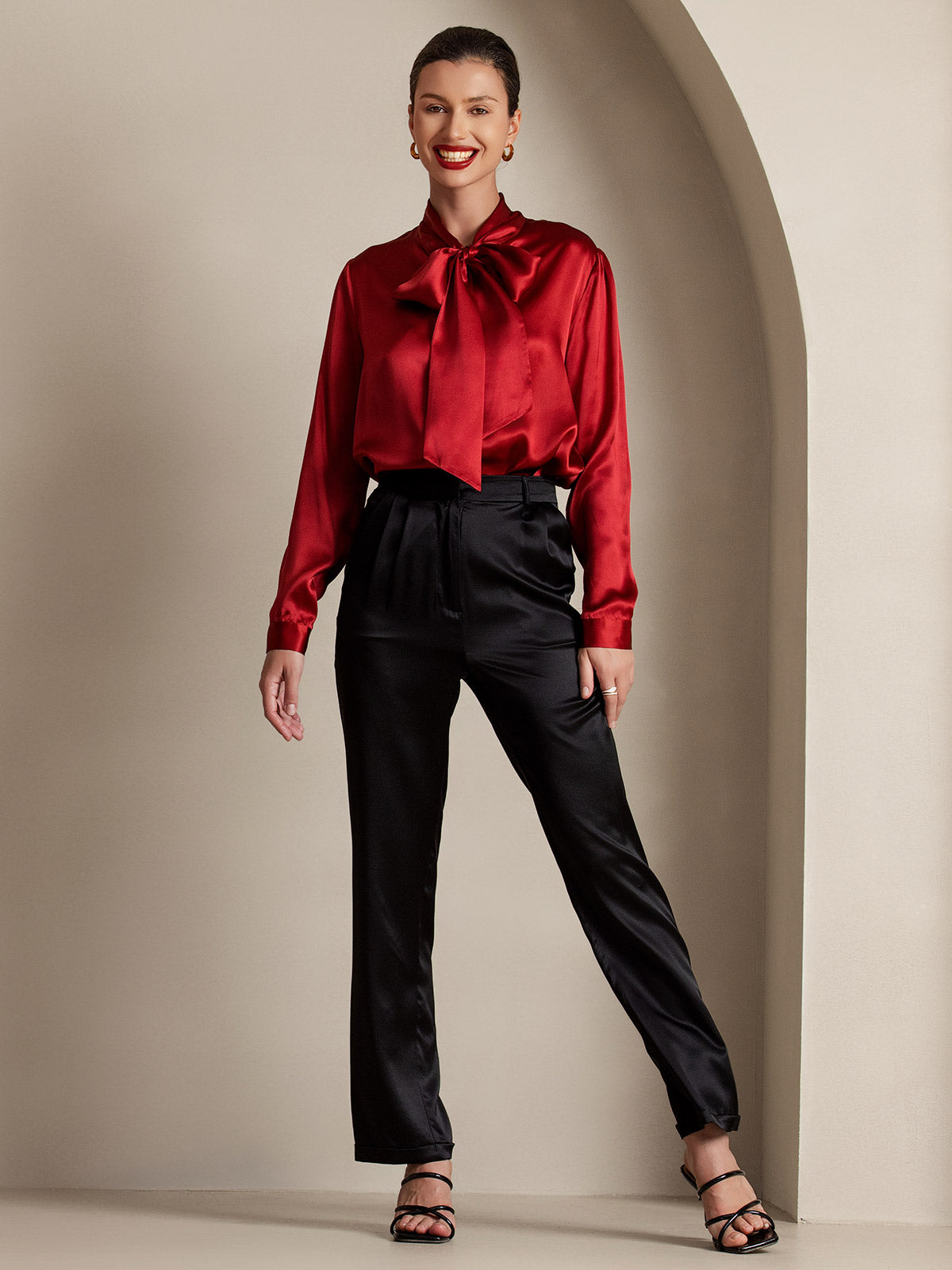 [Wine] SilkSilky 19Momme Silk Long Sleeve Tie Neck Women's Shirt 008