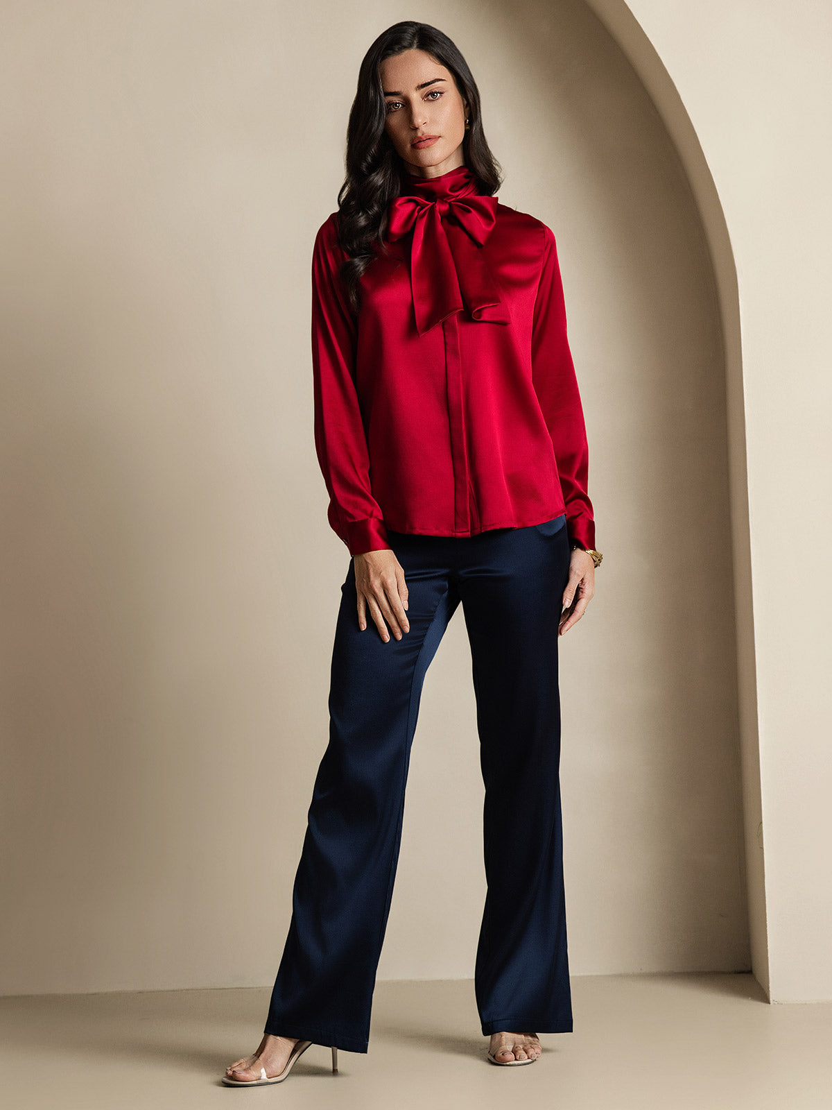 [Wine] SilkSilky 19Momme Silk Long Sleeve Tie Neck Women's Shirt 009