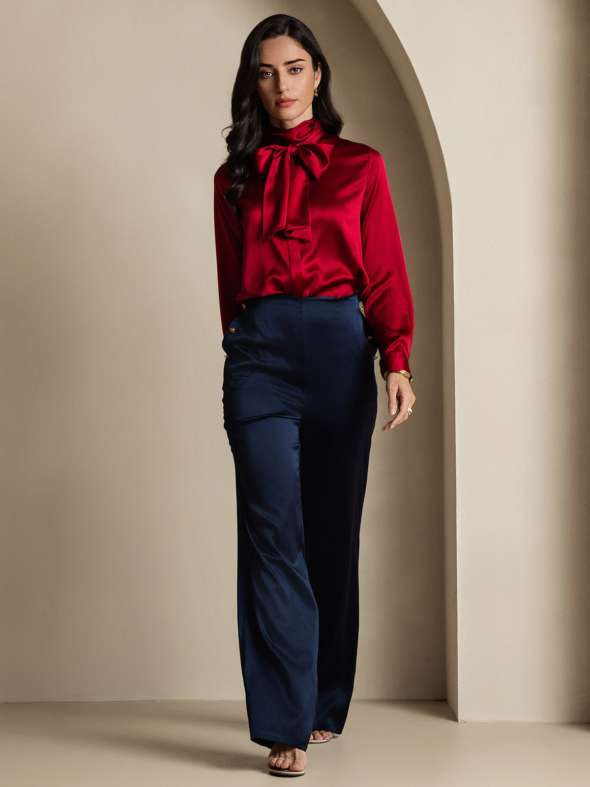 [Wine] SilkSilky 19Momme Silk Long Sleeve Tie Neck Women's Shirt 011