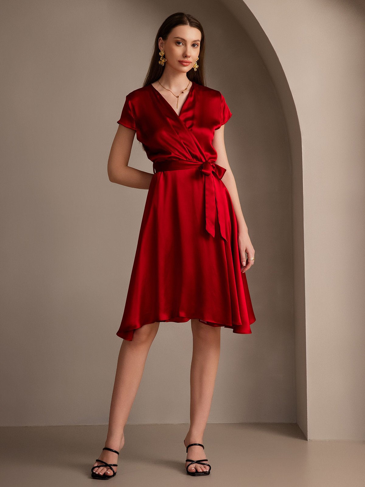 [Wine] SilkSilky  19Momme Silk V Neck Dress 001