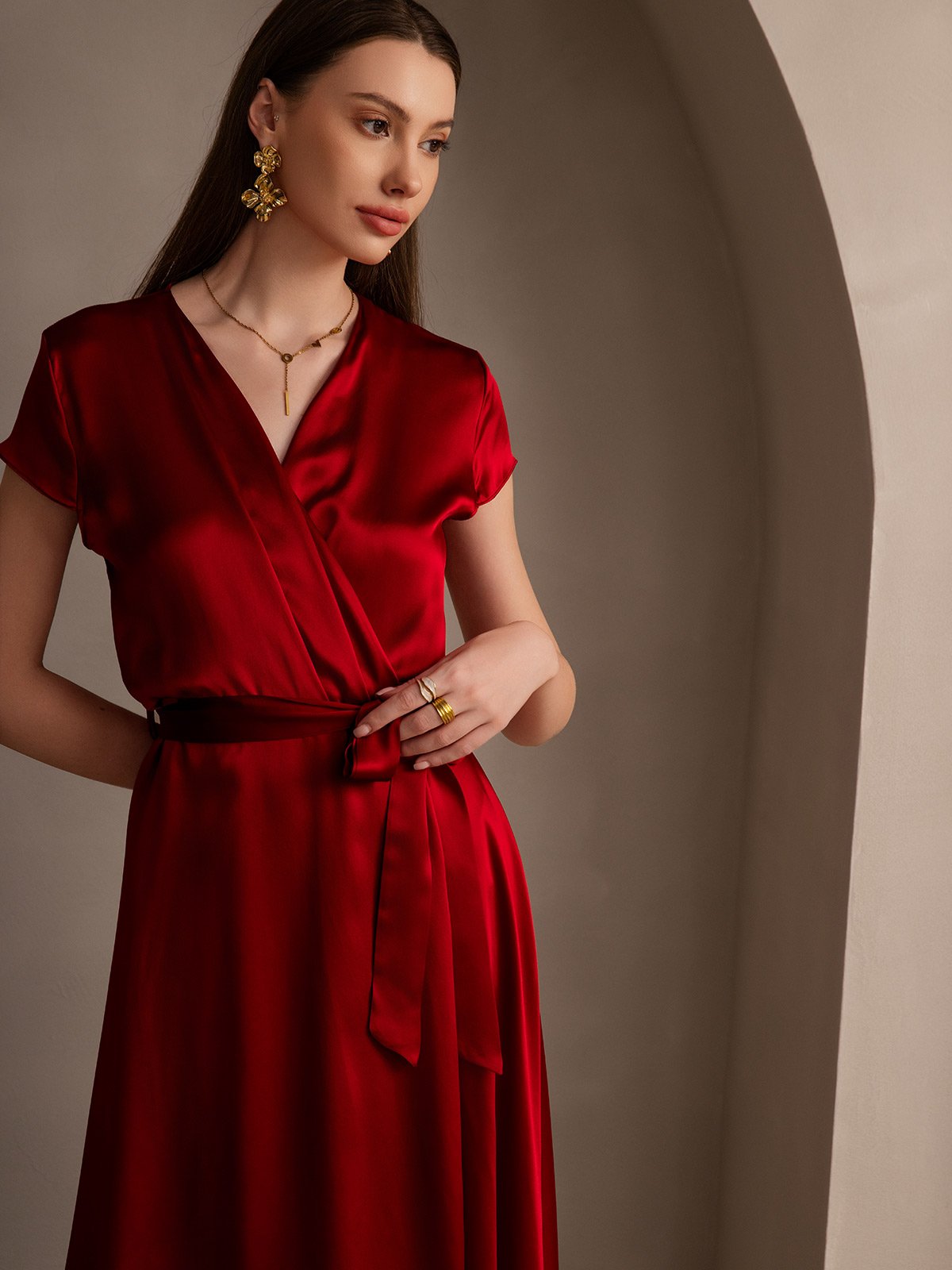 [Wine] SilkSilky  19Momme Silk V Neck Dress 003