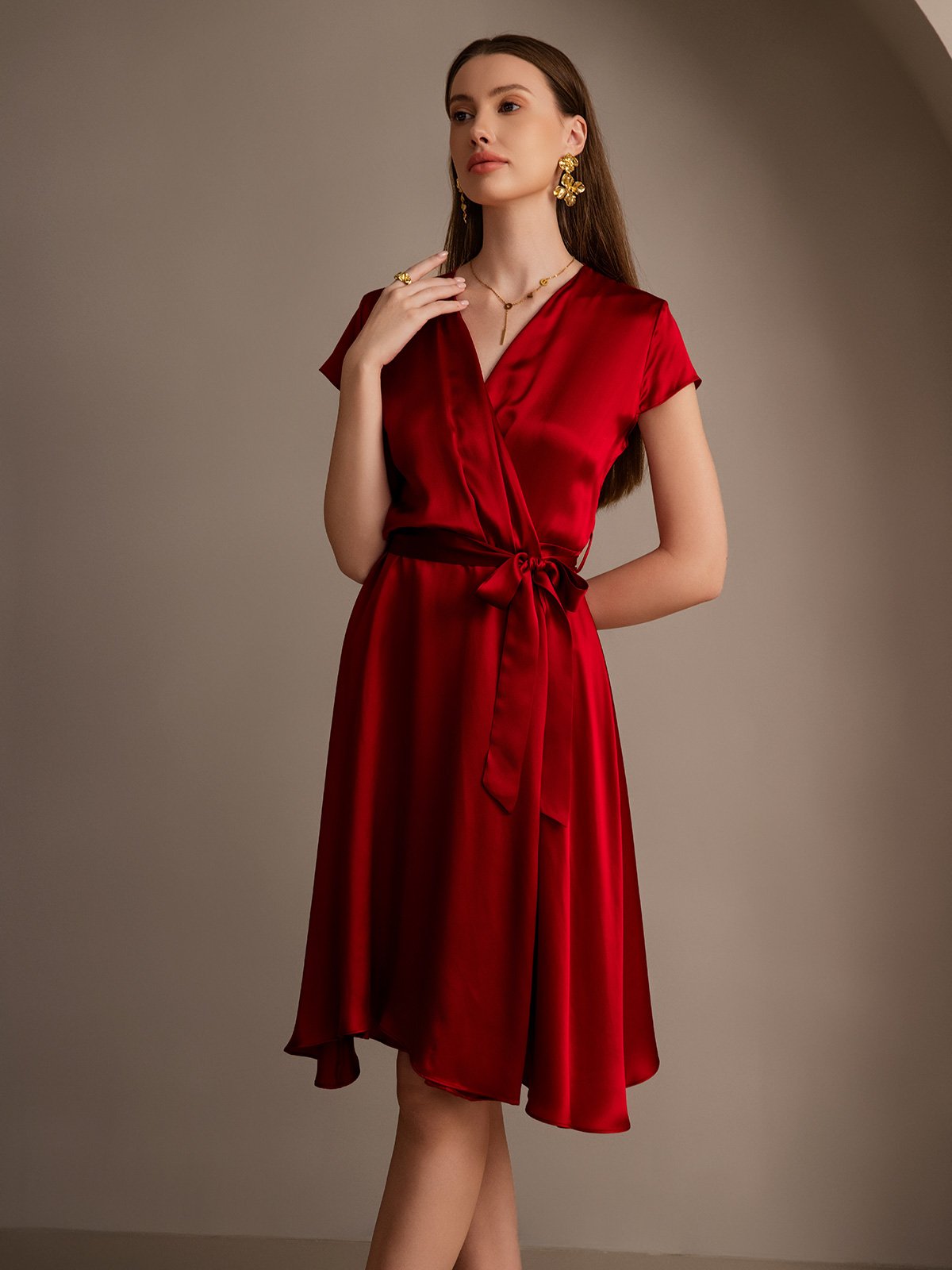 [Wine] SilkSilky  19Momme Silk V Neck Dress 004