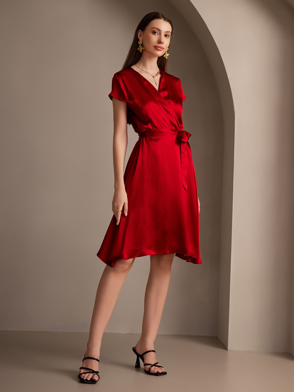 [Wine] SilkSilky  19Momme Silk V Neck Dress 006