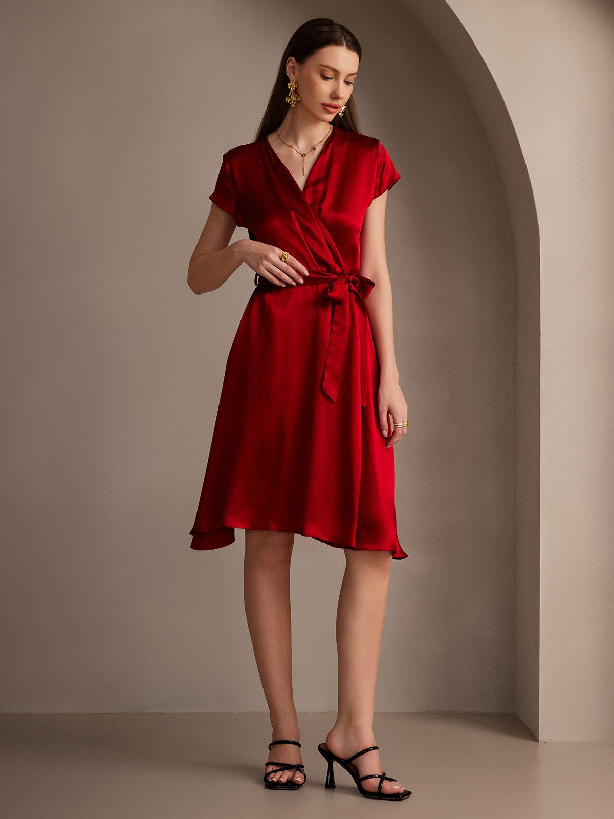 [Wine] SilkSilky  19Momme Silk V Neck Dress 007
