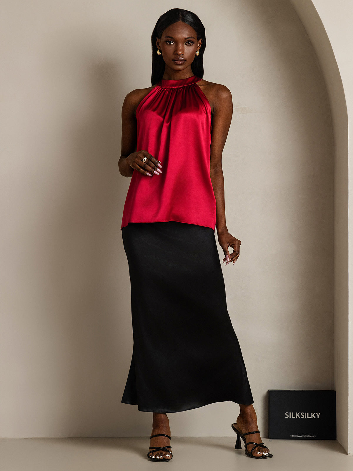 [Wine] SilkSilky 19Momme Silk Sleeveless Womens T-Shirt 001