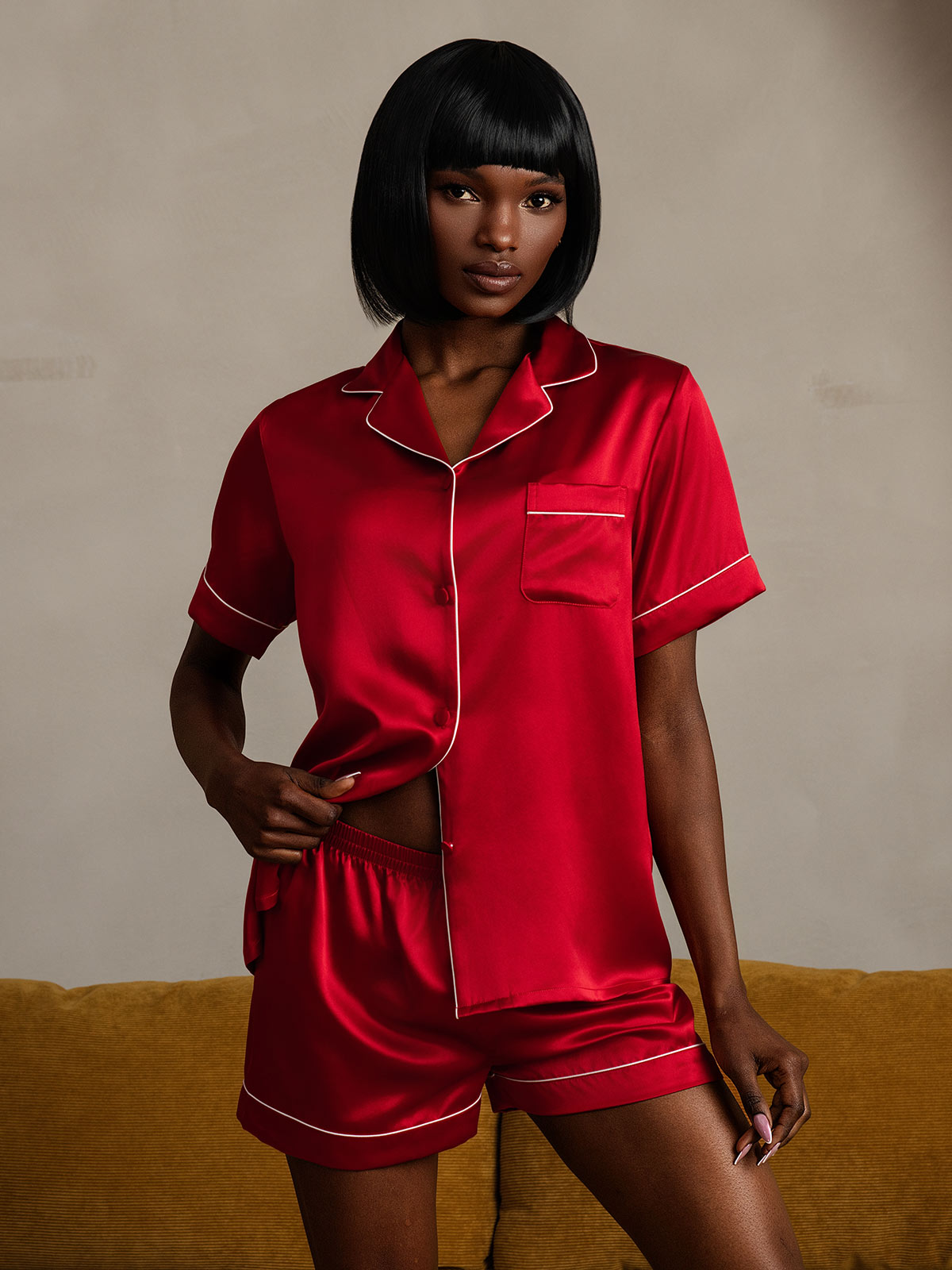 [Wine] SilkSilky 22Momme Pure Silk Short Sleeve Lapel Women's Pajamas 006