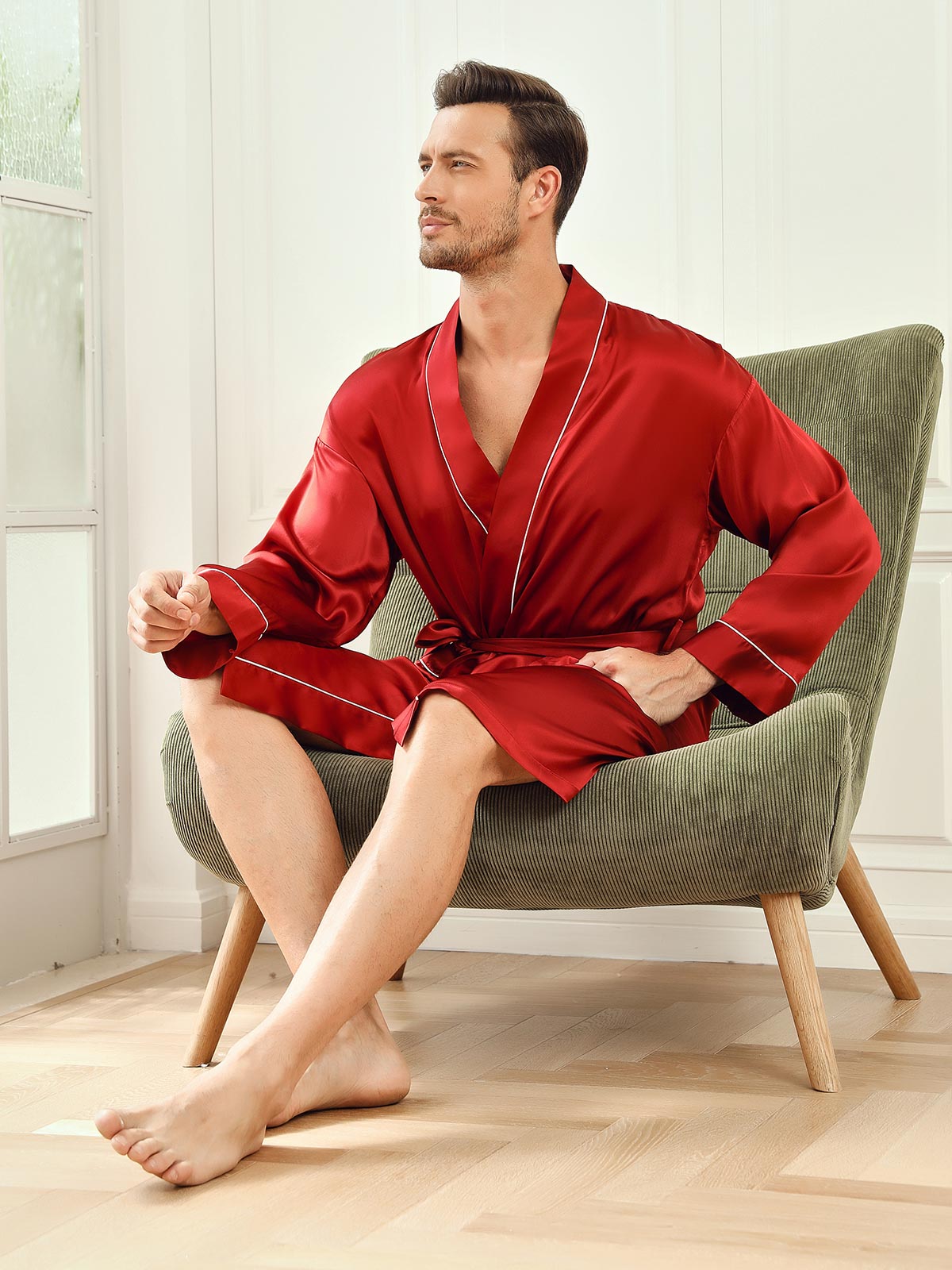 [Wine] SilkSilky Pure Silk 3/4 Sleeve Mens Robe 006