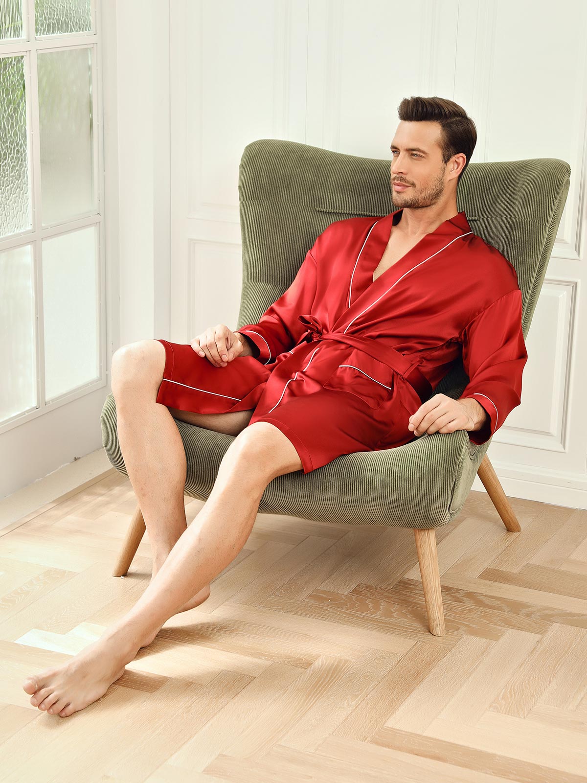 [Wine] SilkSilky Pure Silk 3/4 Sleeve Mens Robe 007