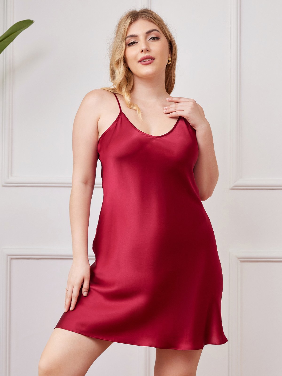 [Wine] SilkSilky Pure Silk Deep V Neck Plus Size Dress 001