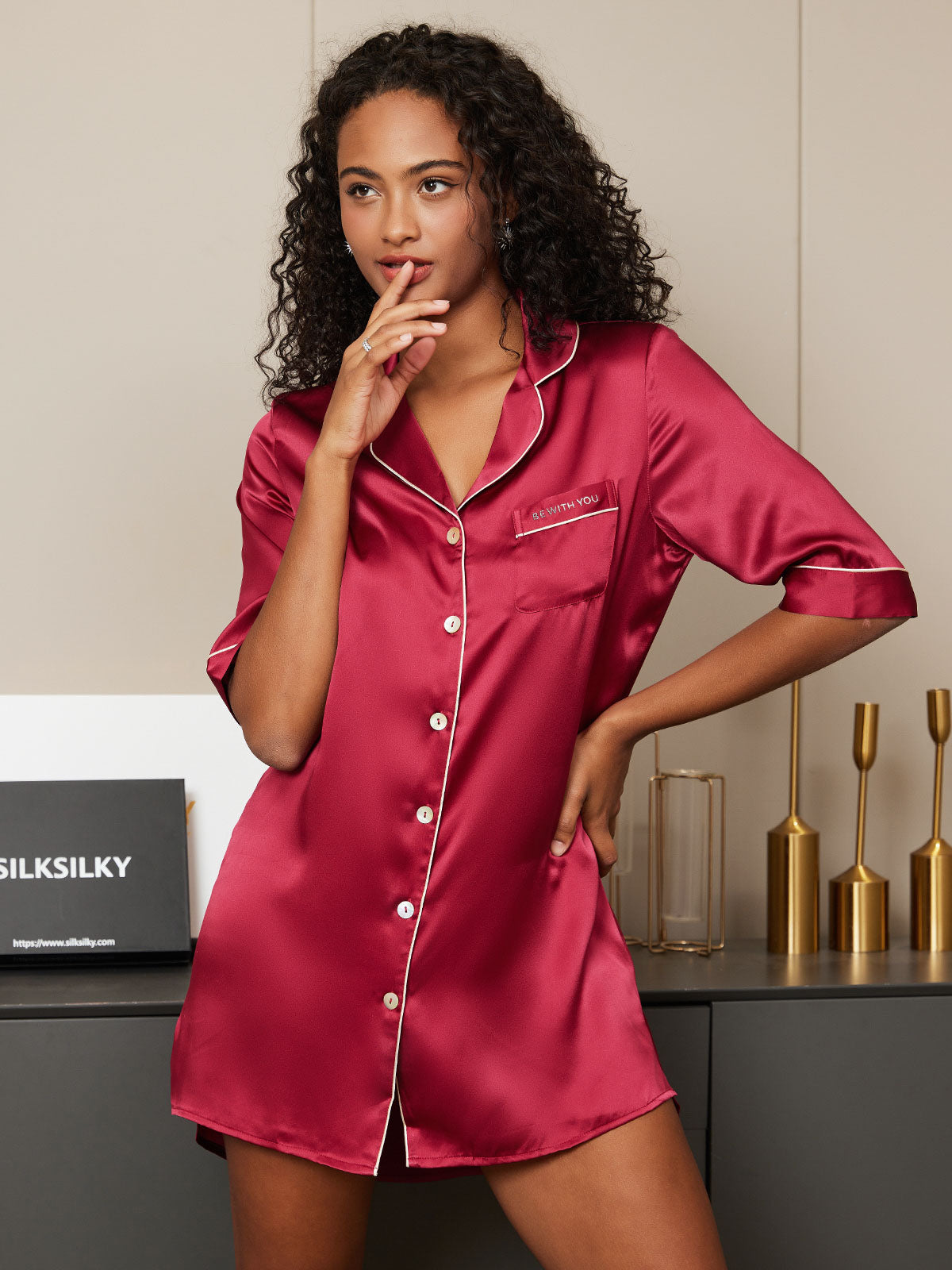 [Wine] SilkSilky  Half Sleeve Notch Collar Nightshirt 001