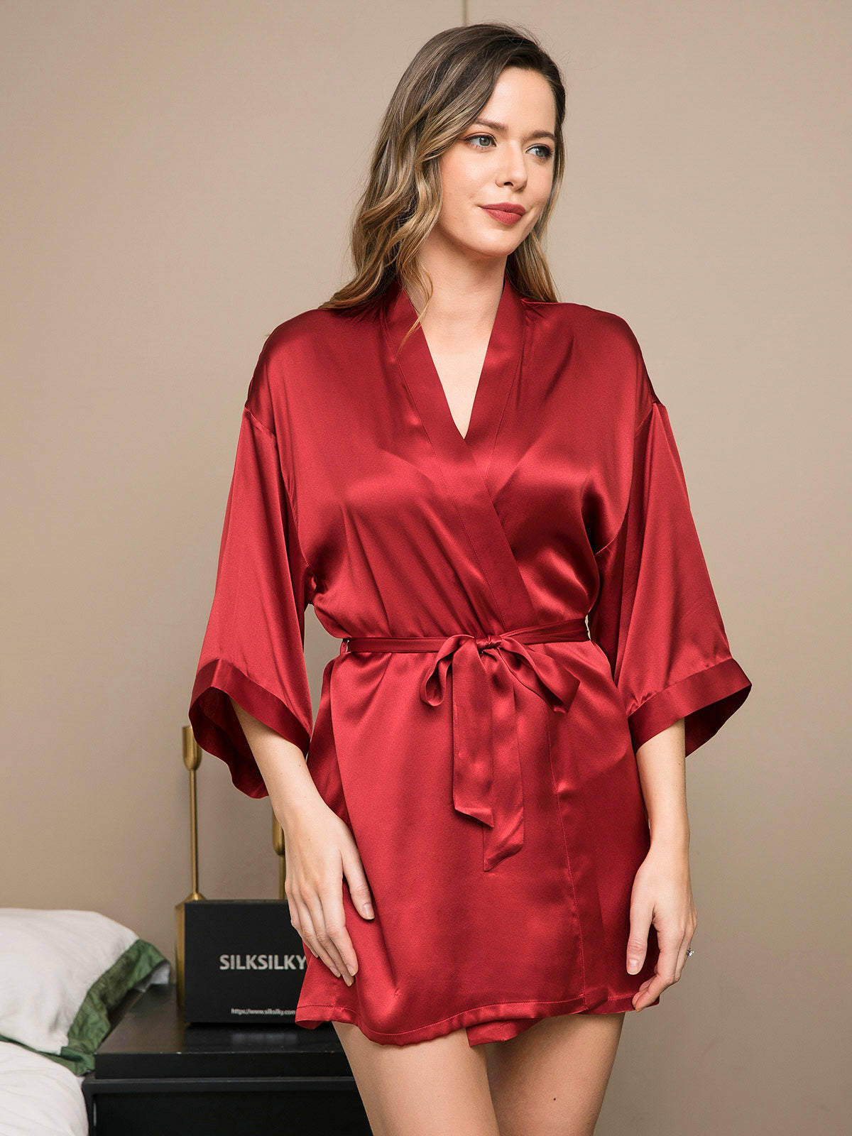 [Wine] SilkSilky Pure Silk Half Sleeve Womens Robe 004