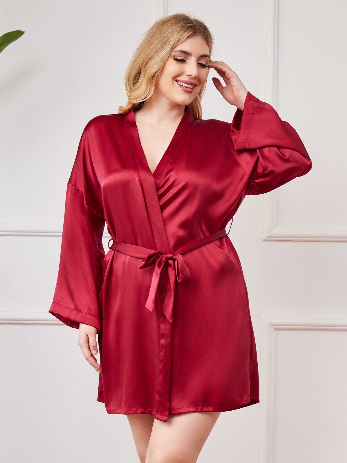 [Wine] SilkSilky Pure Silk Long Sleeve Deep V Neck Plus Size Robe 001
