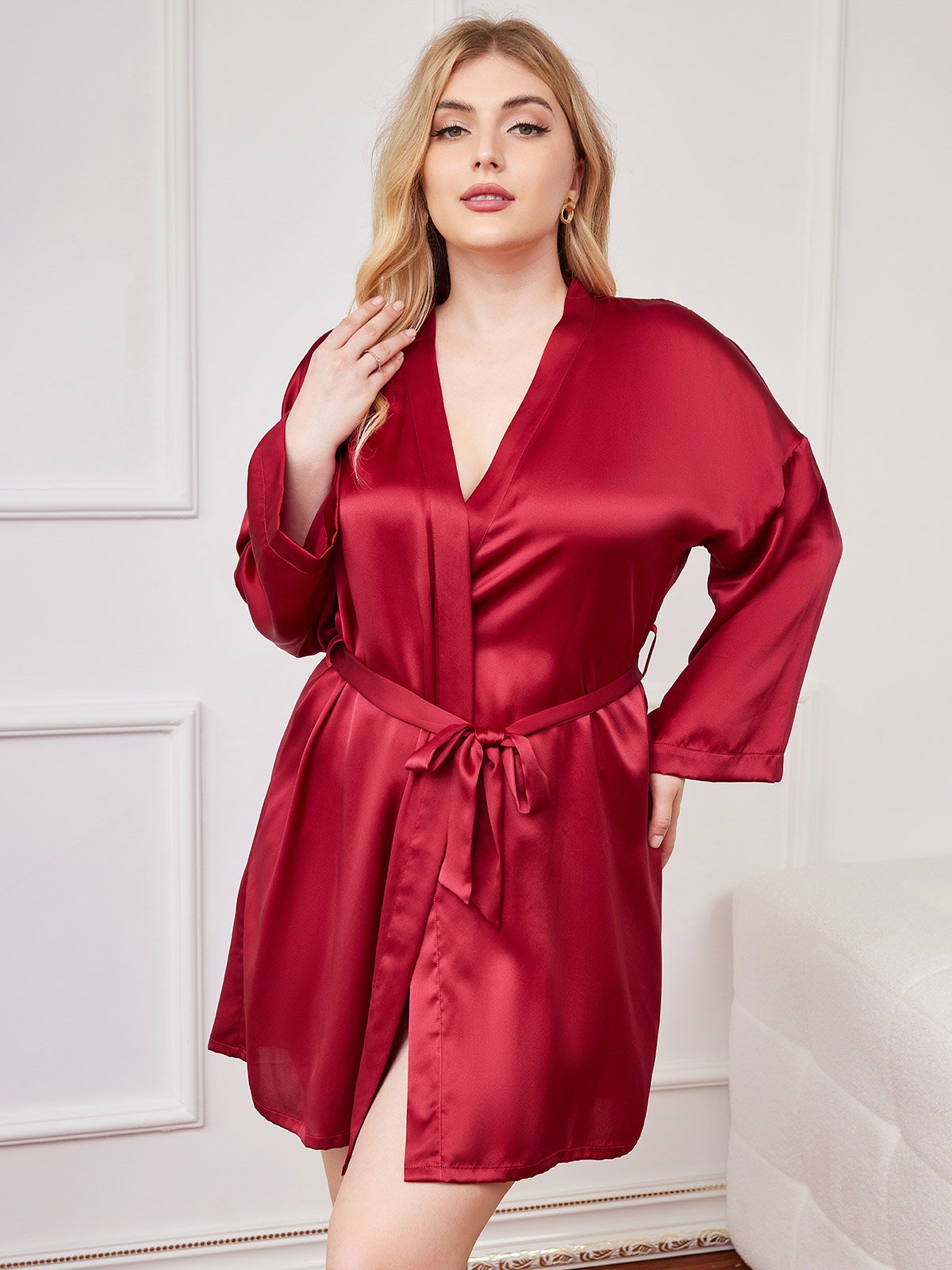 [Wine] SilkSilky Pure Silk Long Sleeve Deep V Neck Plus Size Robe 004