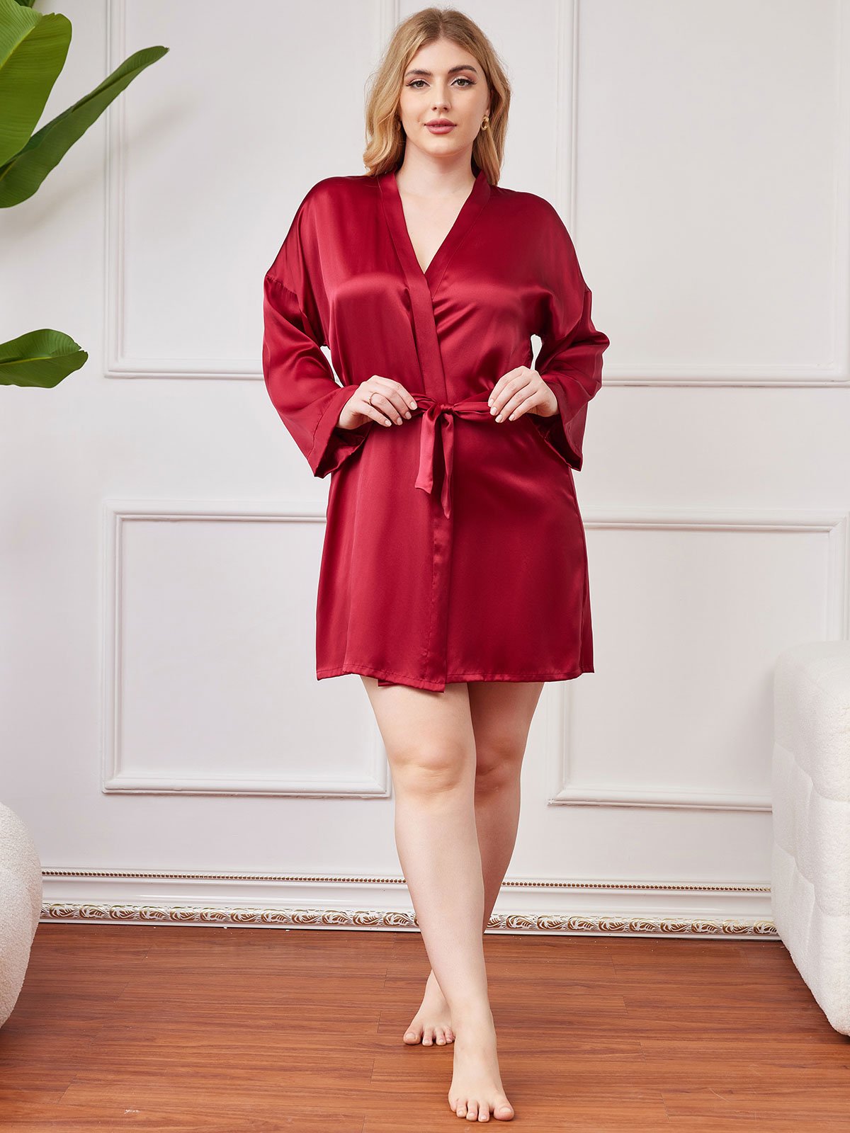 [Wine] SilkSilky Pure Silk Long Sleeve Deep V Neck Plus Size Robe 006