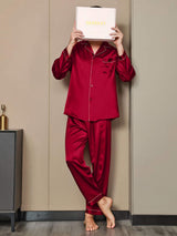 [Wine] SilkSilky Pure Silk Long Sleeve Lapel Men's Pajamas 003
