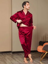 [Wine] SilkSilky Pure Silk Long Sleeve Lapel Men's Pajamas 008