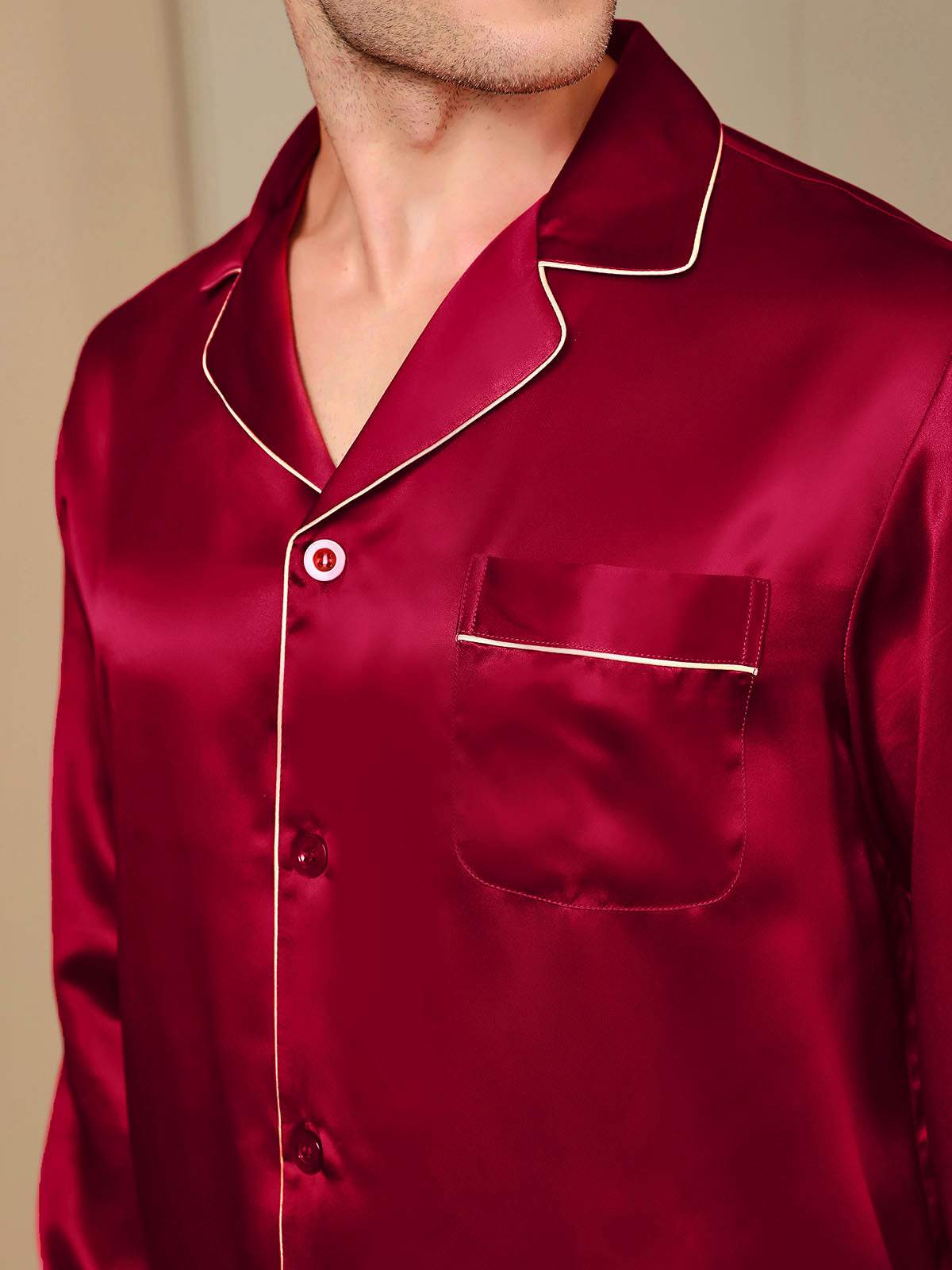 [Wine] SilkSilky Pure Silk Long Sleeve Lapel Men's Pajamas 009