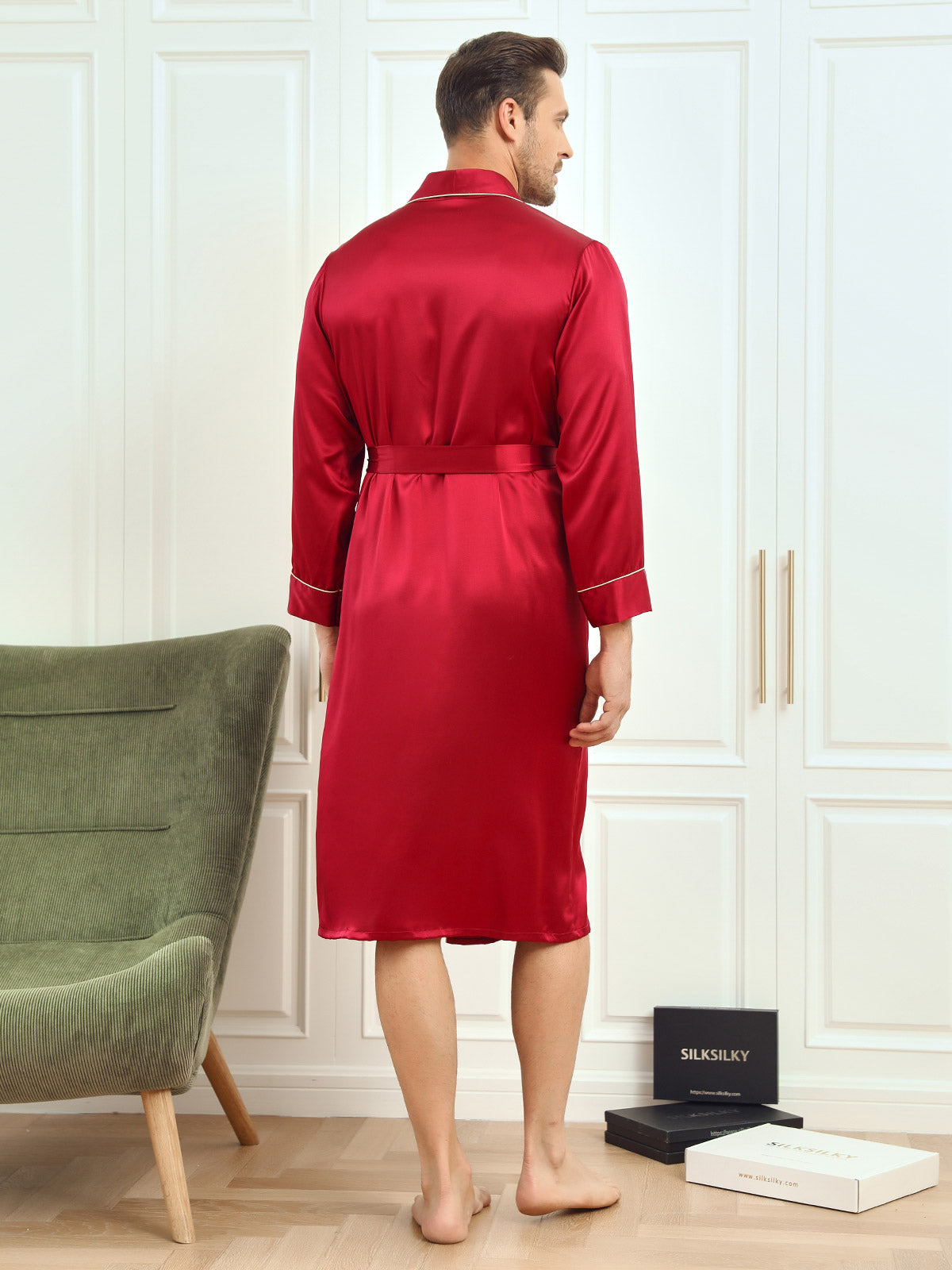 [Wine] SilkSilky Pure Silk Long Sleeve Lapel Men's Robe 002