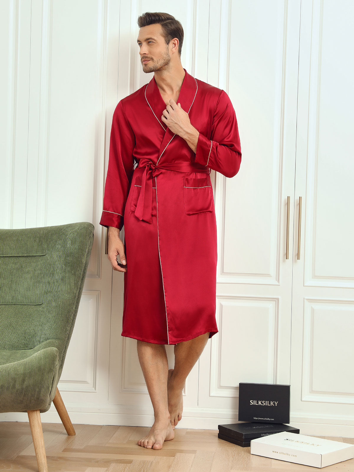 [Wine] SilkSilky Pure Silk Long Sleeve Lapel Men's Robe 005
