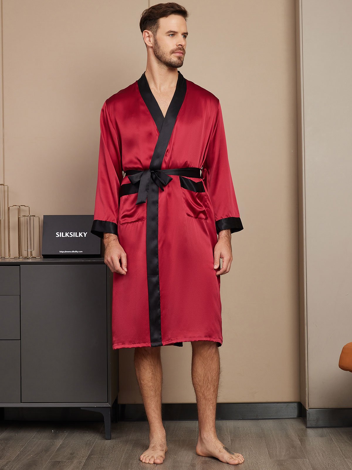 [Wine] SilkSilky Pure Silk Long Sleeve Mens Robe 001