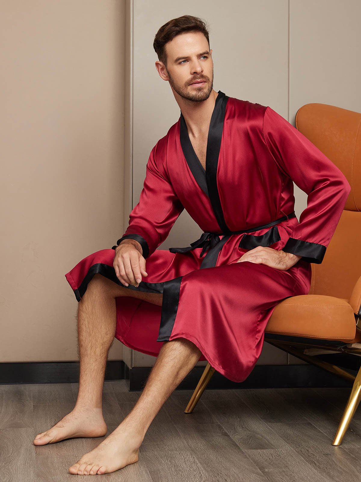 [Wine] SilkSilky Pure Silk Long Sleeve Mens Robe 004