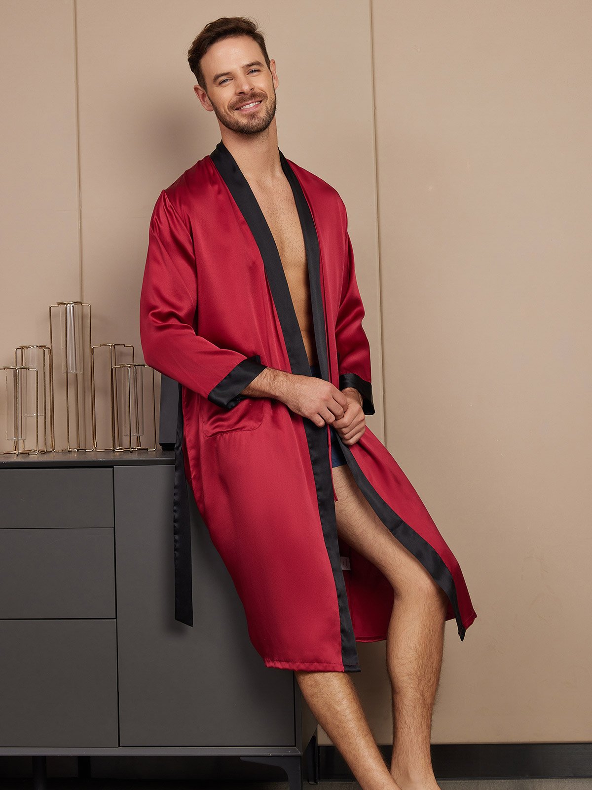 [Wine] SilkSilky Pure Silk Long Sleeve Mens Robe 005