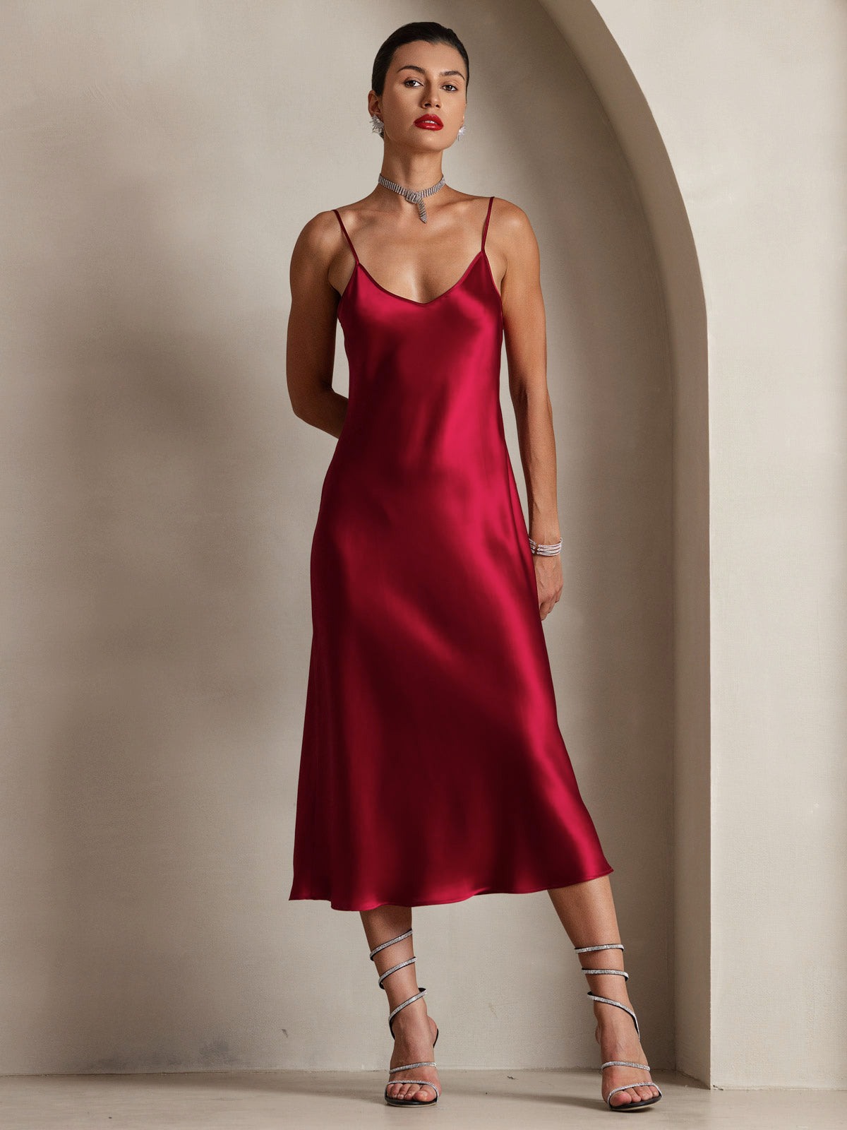 [Wine] SilkSilky  Pure Silk Round Neck Dress 001