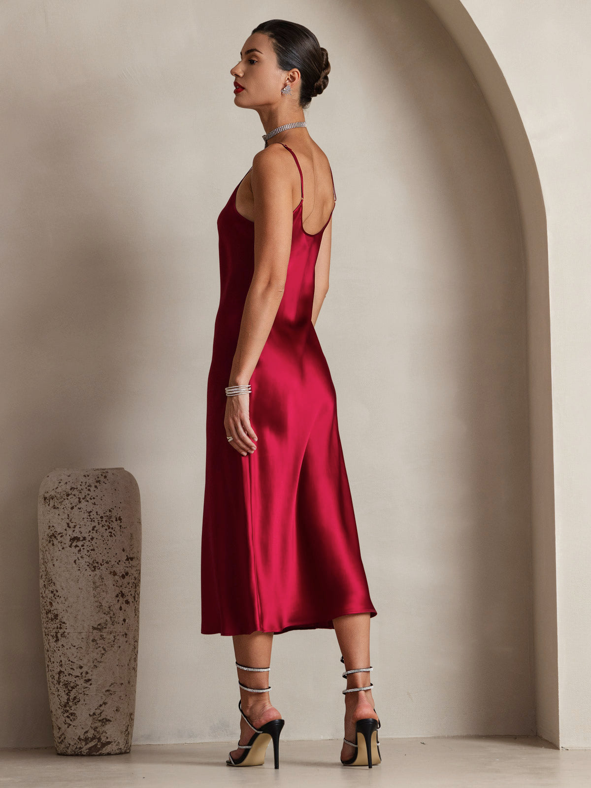 [Wine] SilkSilky  Pure Silk Round Neck Dress 002