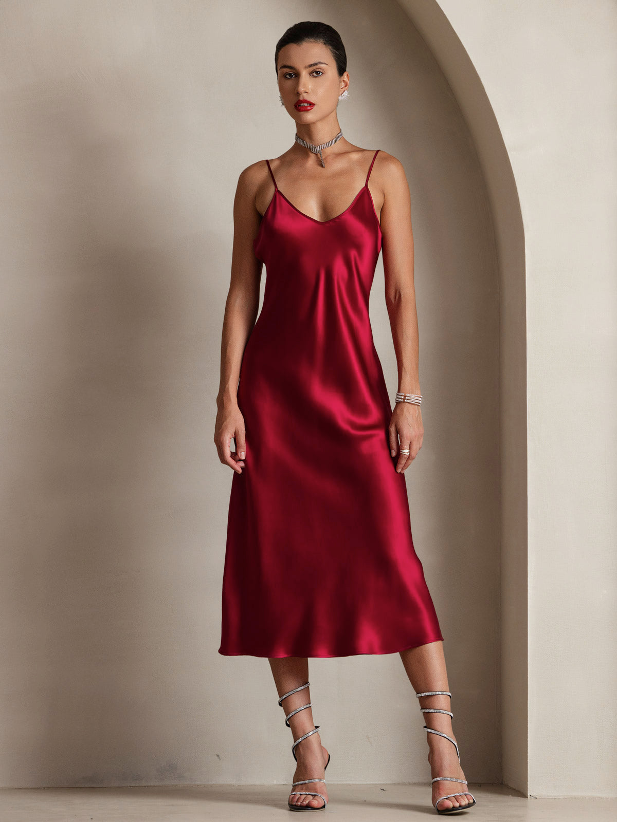 [Wine] SilkSilky  Pure Silk Round Neck Dress 003