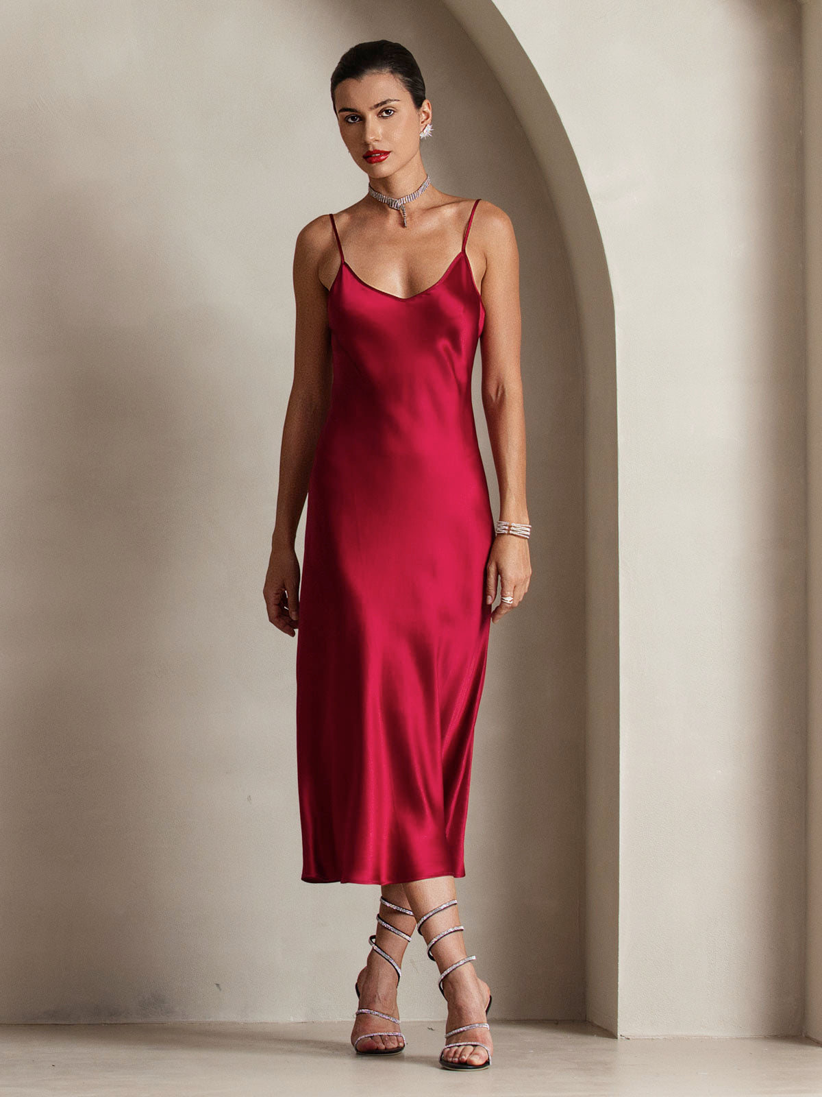 [Wine] SilkSilky  Pure Silk Round Neck Dress 005