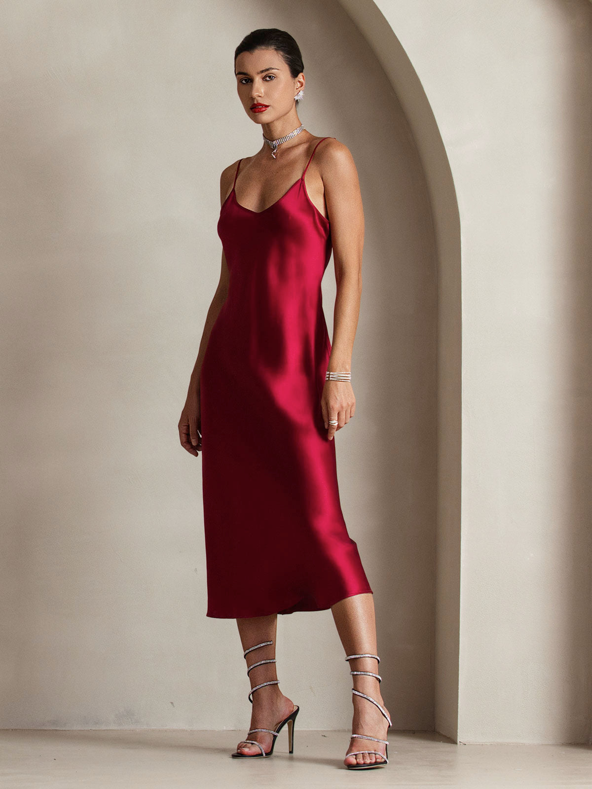 [Wine] SilkSilky  Pure Silk Round Neck Dress 006