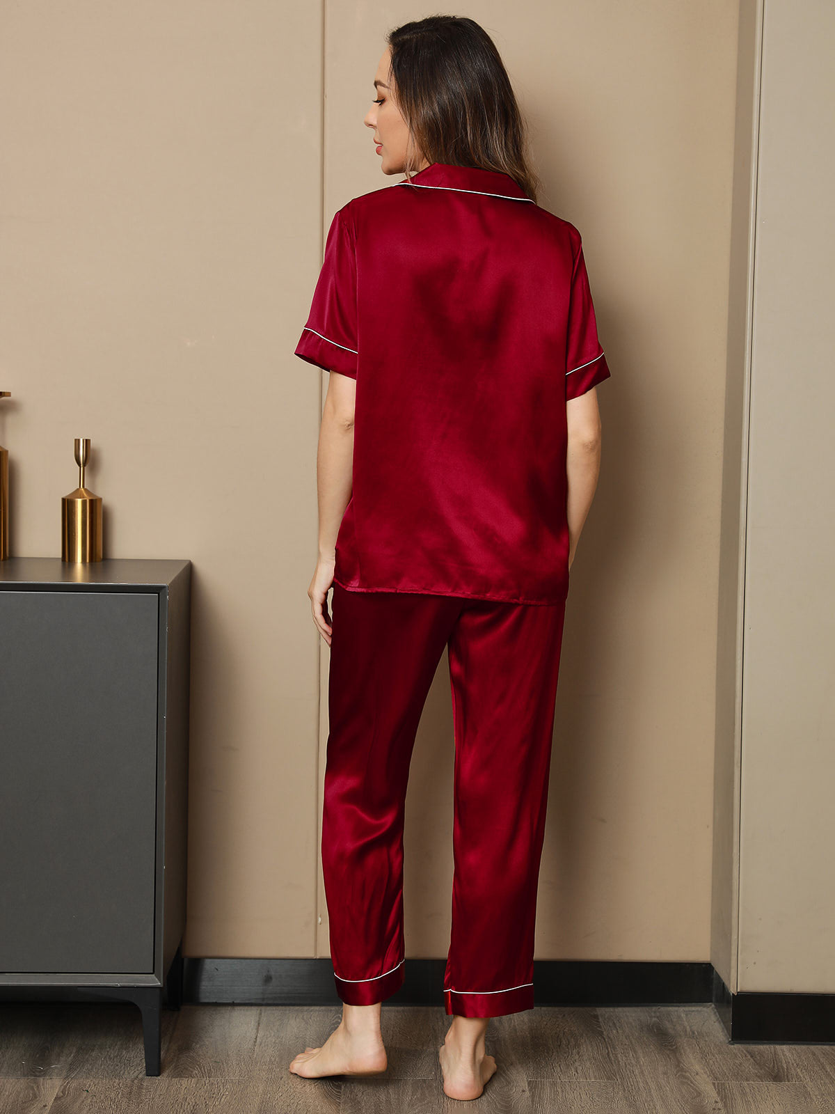 [Wine] SilkSilky Pure Silk Short Sleeve Lapel Women's Pajamas 002