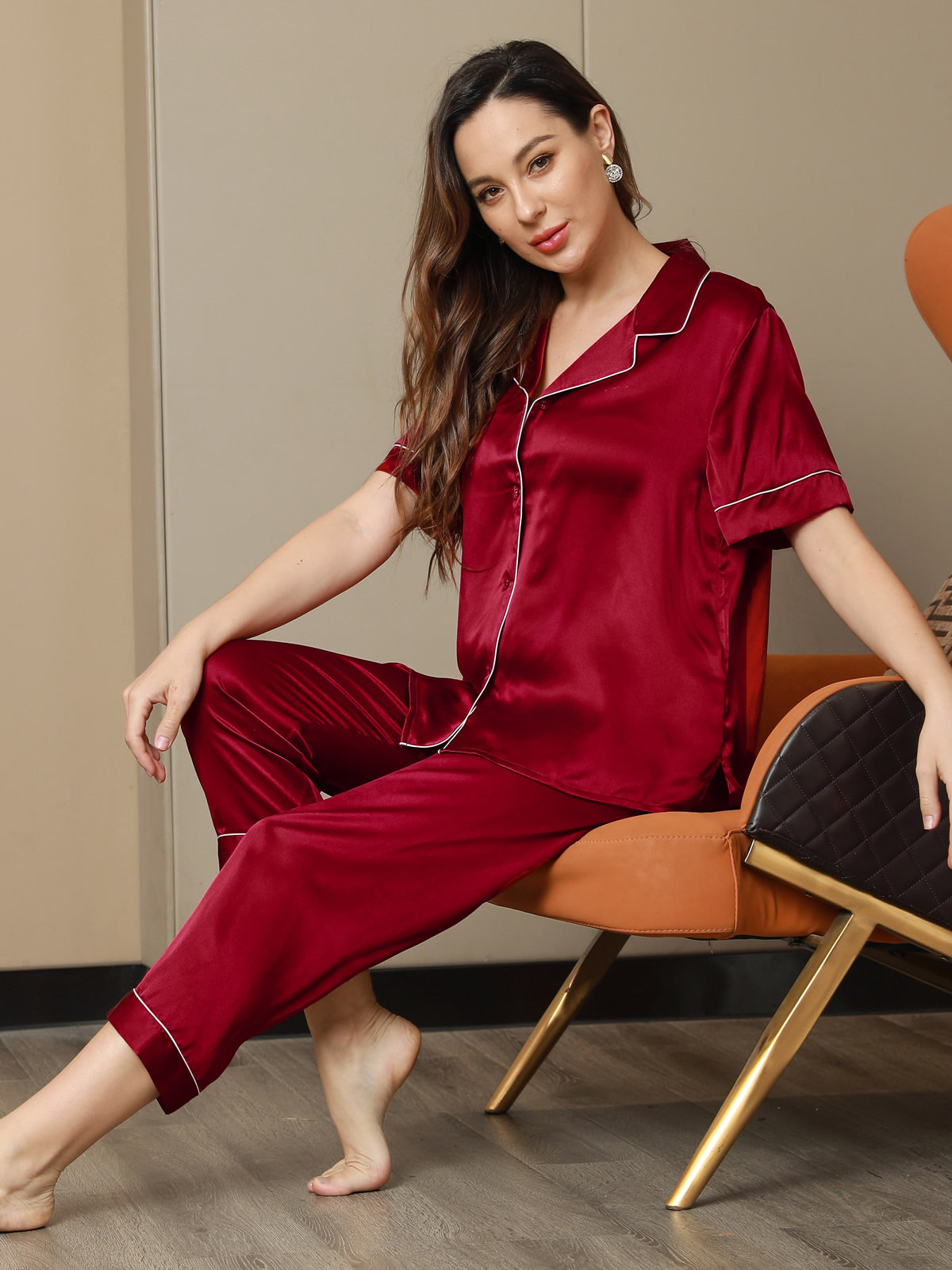 [Wine] SilkSilky Pure Silk Short Sleeve Lapel Women's Pajamas 003