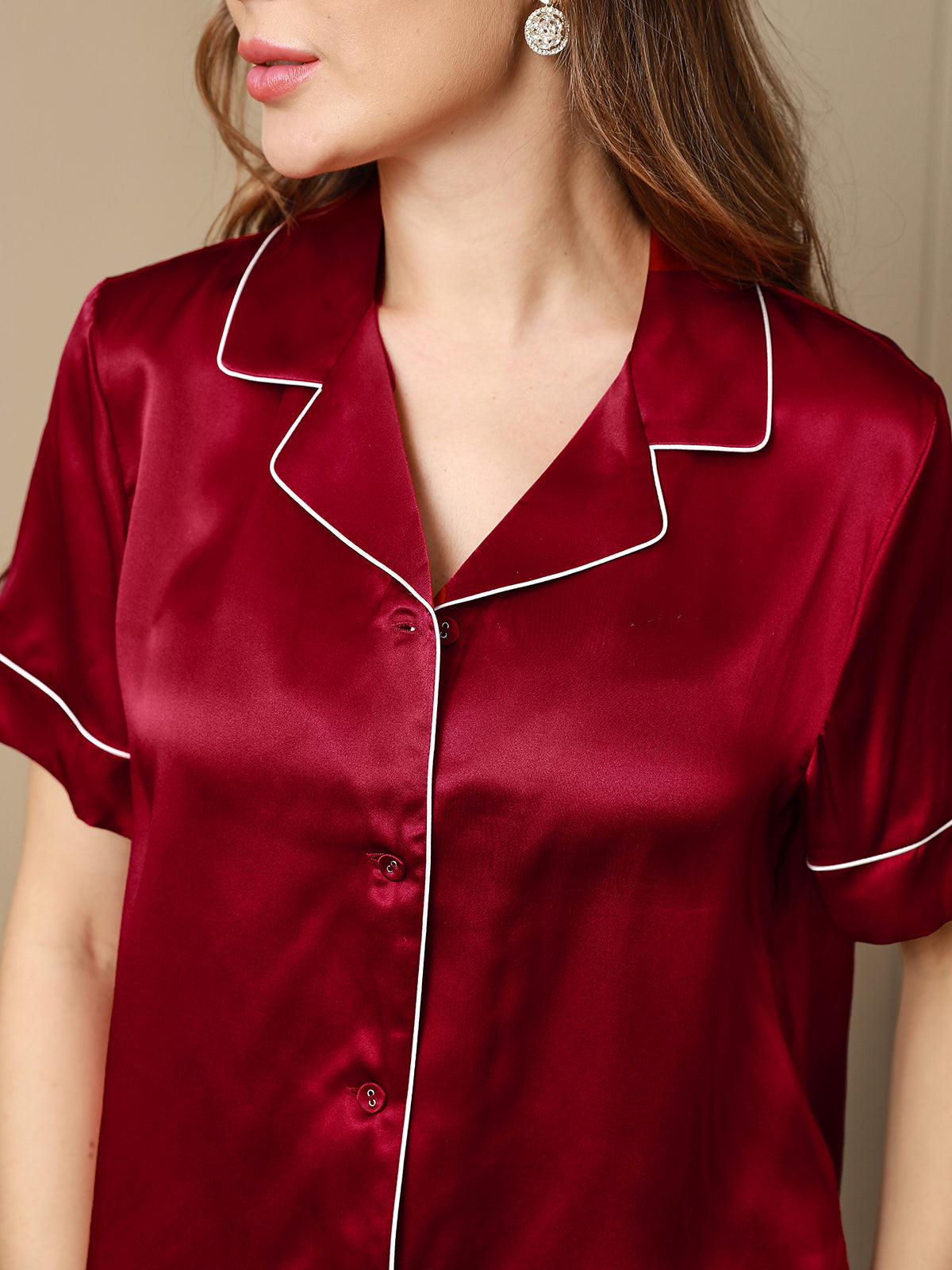 [Wine] SilkSilky Pure Silk Short Sleeve Lapel Women's Pajamas 008