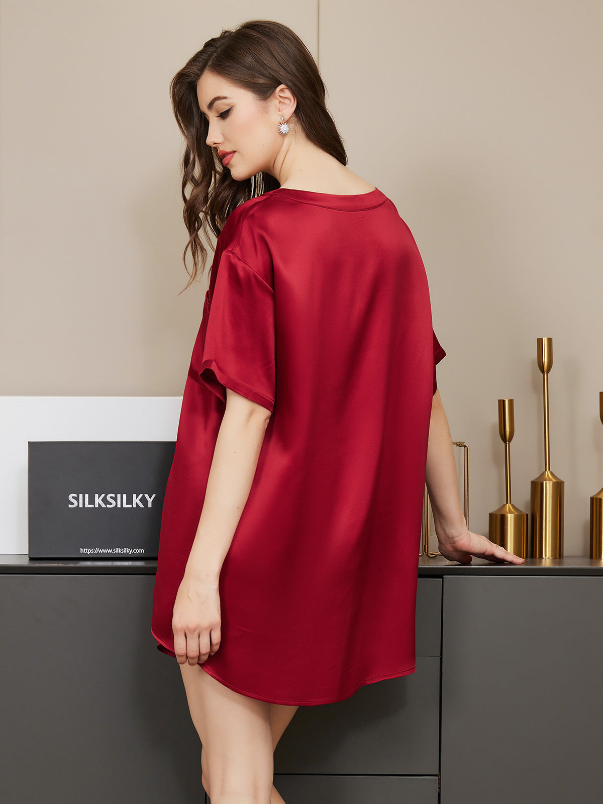 [Wine] SilkSilky Pure Silk Short Sleeve Round Neck Women's Pajamas 002