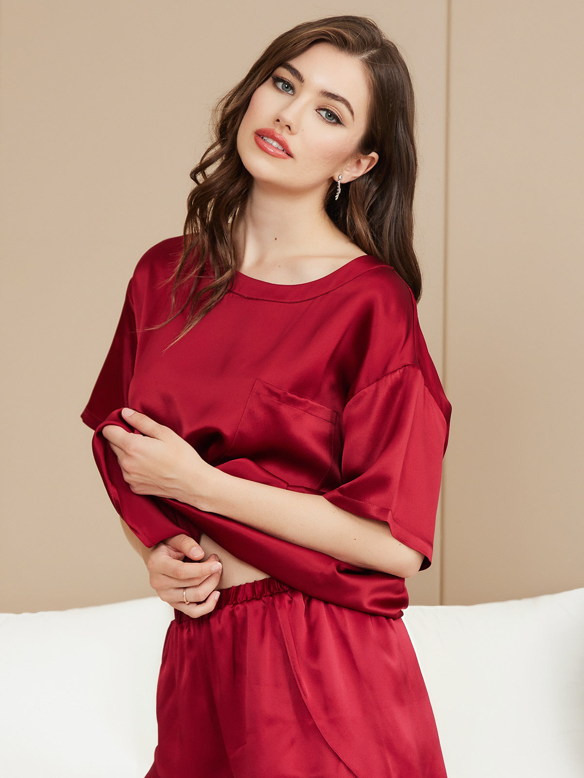 [Wine] SilkSilky Pure Silk Short Sleeve Round Neck Women's Pajamas 003