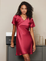 [Wine] SilkSilky  Short Sleeve V Neck Nightgown 004