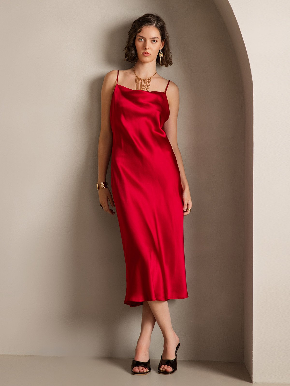 [Wine] SilkSilky Pure Silk Sleeveless Cowl Neck Dress 004
