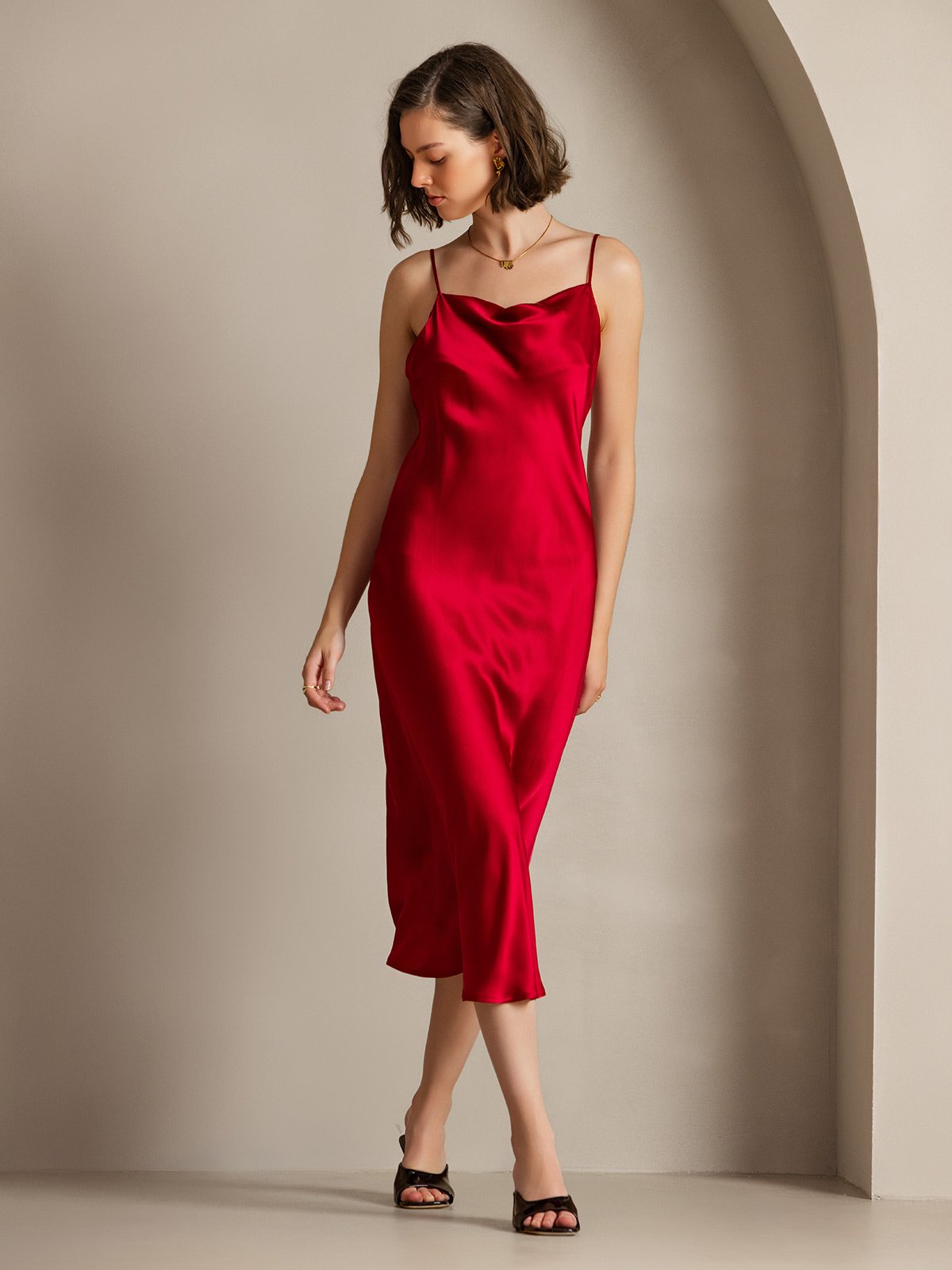 [Wine] SilkSilky Pure Silk Sleeveless Cowl Neck Dress 007
