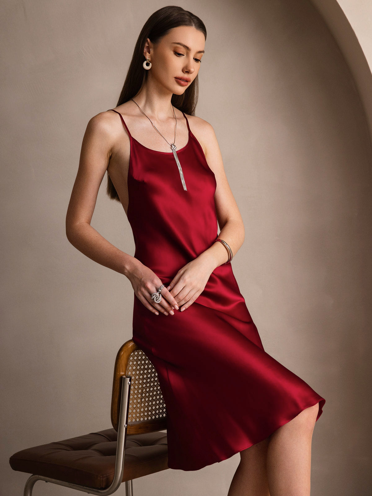 [Wine] SilkSilky Pure Silk Sleeveless Round Neck Dress 001